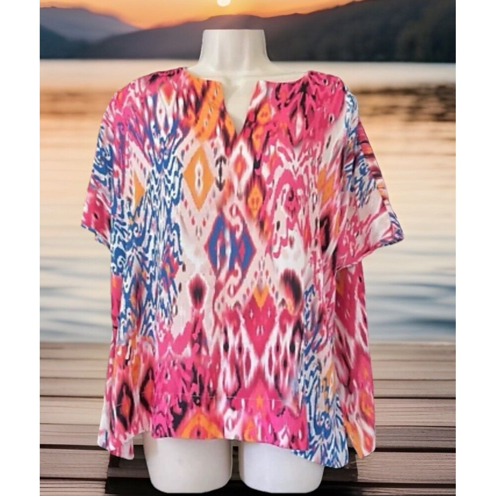 Chico's Ikat Print Split Neck Easy Flow Dolman Sleeve Multi Color Top Sz 0 (4/6)